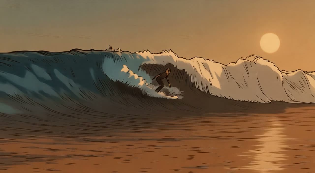 AI video restyle result: a surf clip redrawn as hand-drawn anime with Lucy Restyle
